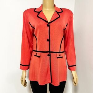 Misook Knit Blazer Jacket Coral Red Black Contrast Trim Button Front Size M